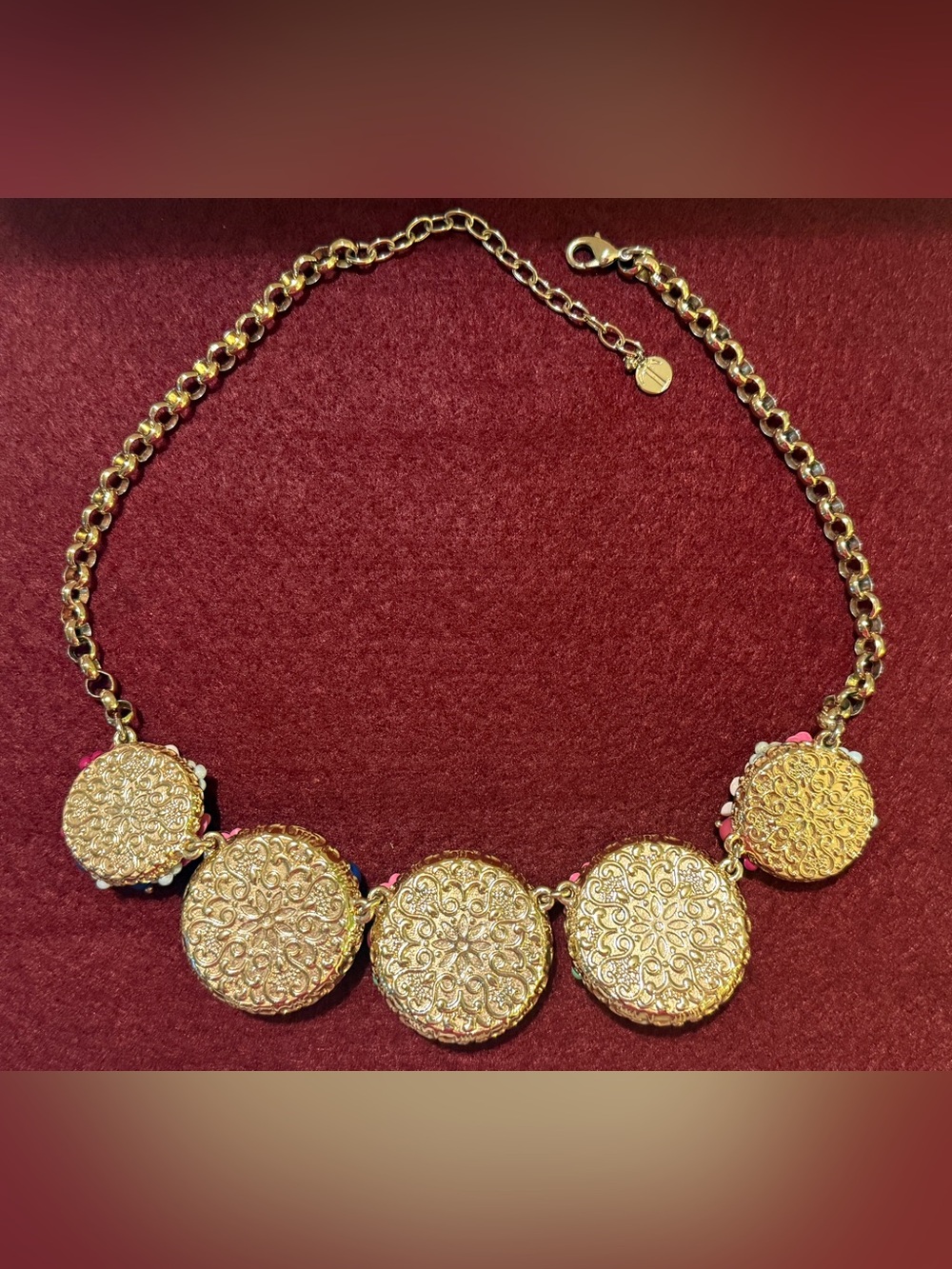 Talbots Vtg Floral Statement Gold Tone Enamel Beaded Rhinestone Bib Necklace - Picture 6 of 7